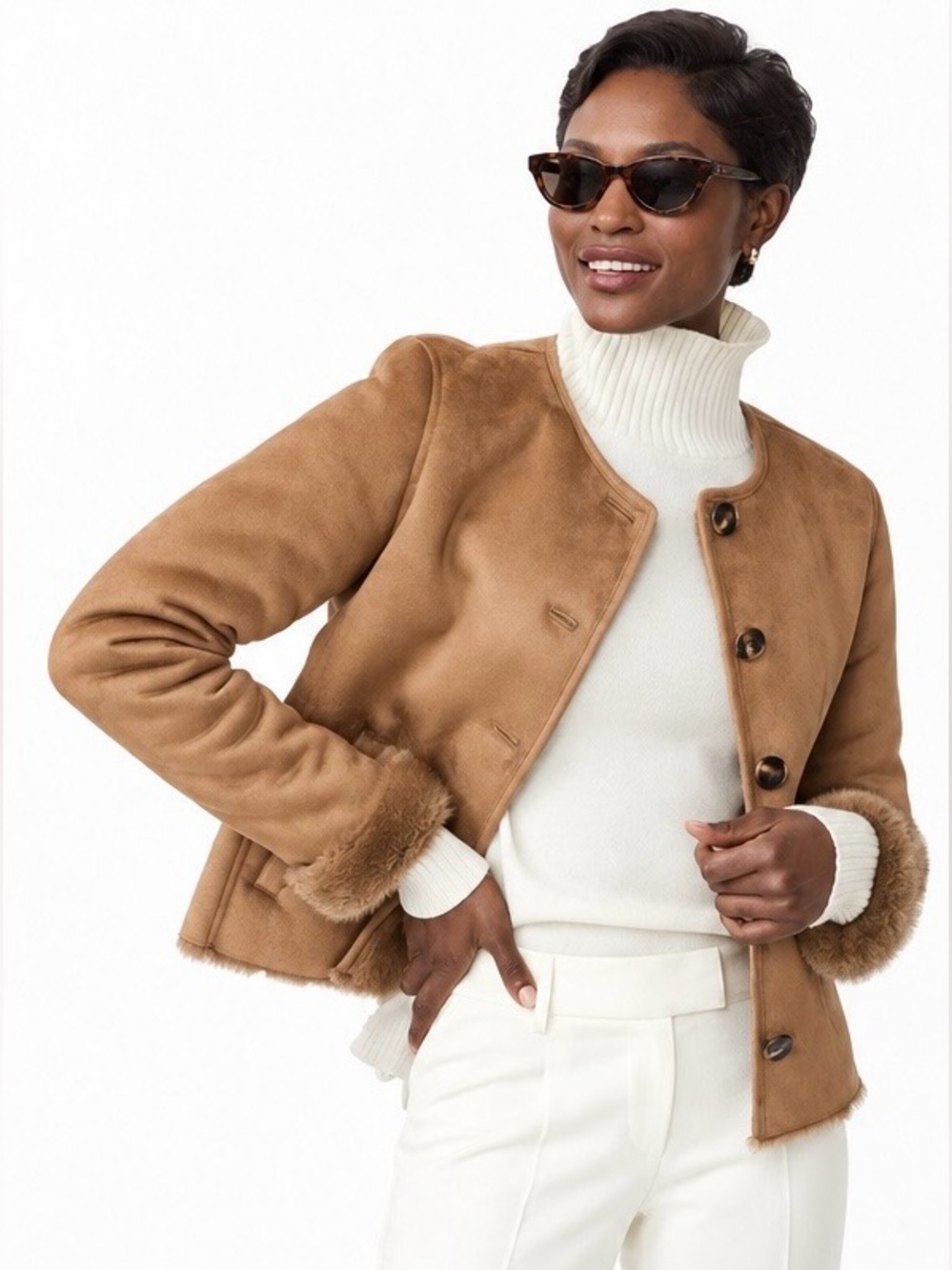 J.McLaughlin Telluride Faux Suede Faux Fur Jacket Sand Brown M